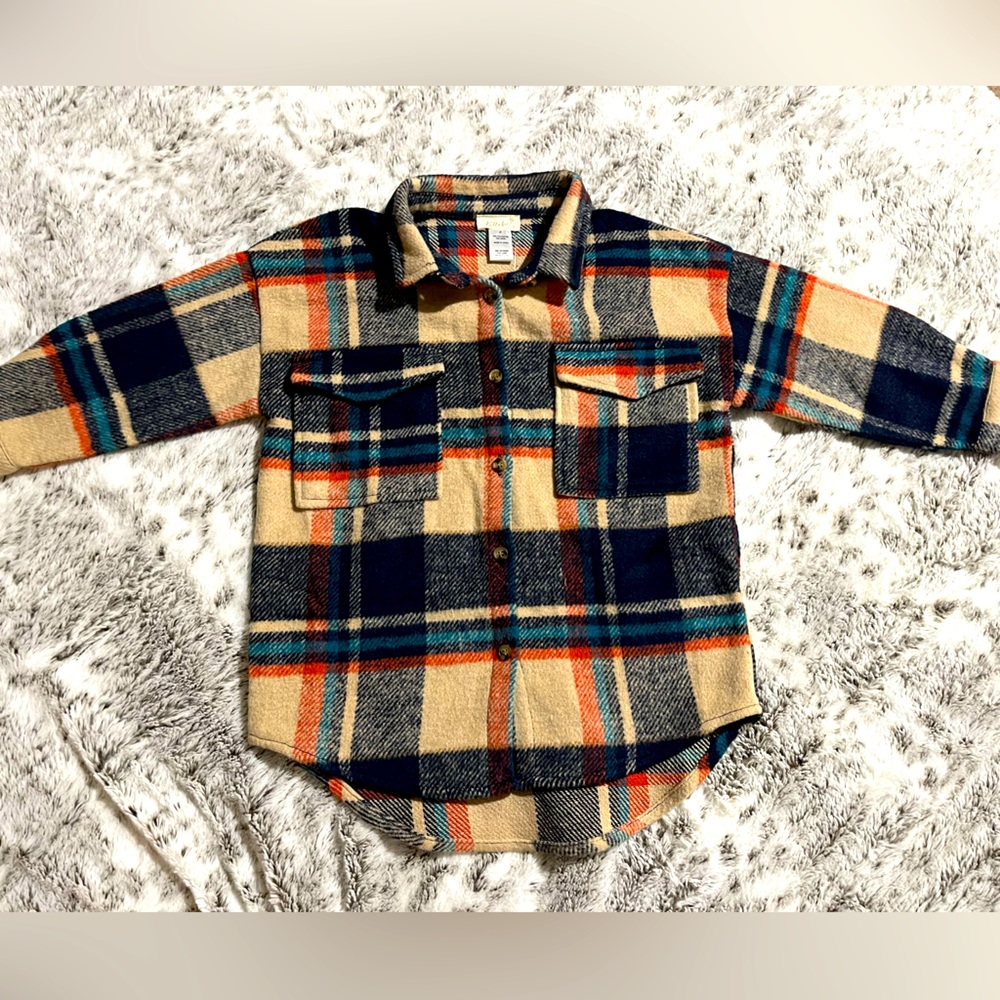 NWT Altar’d State Tullabee Kids Plaid Flannel Shacket in Navy/Orange